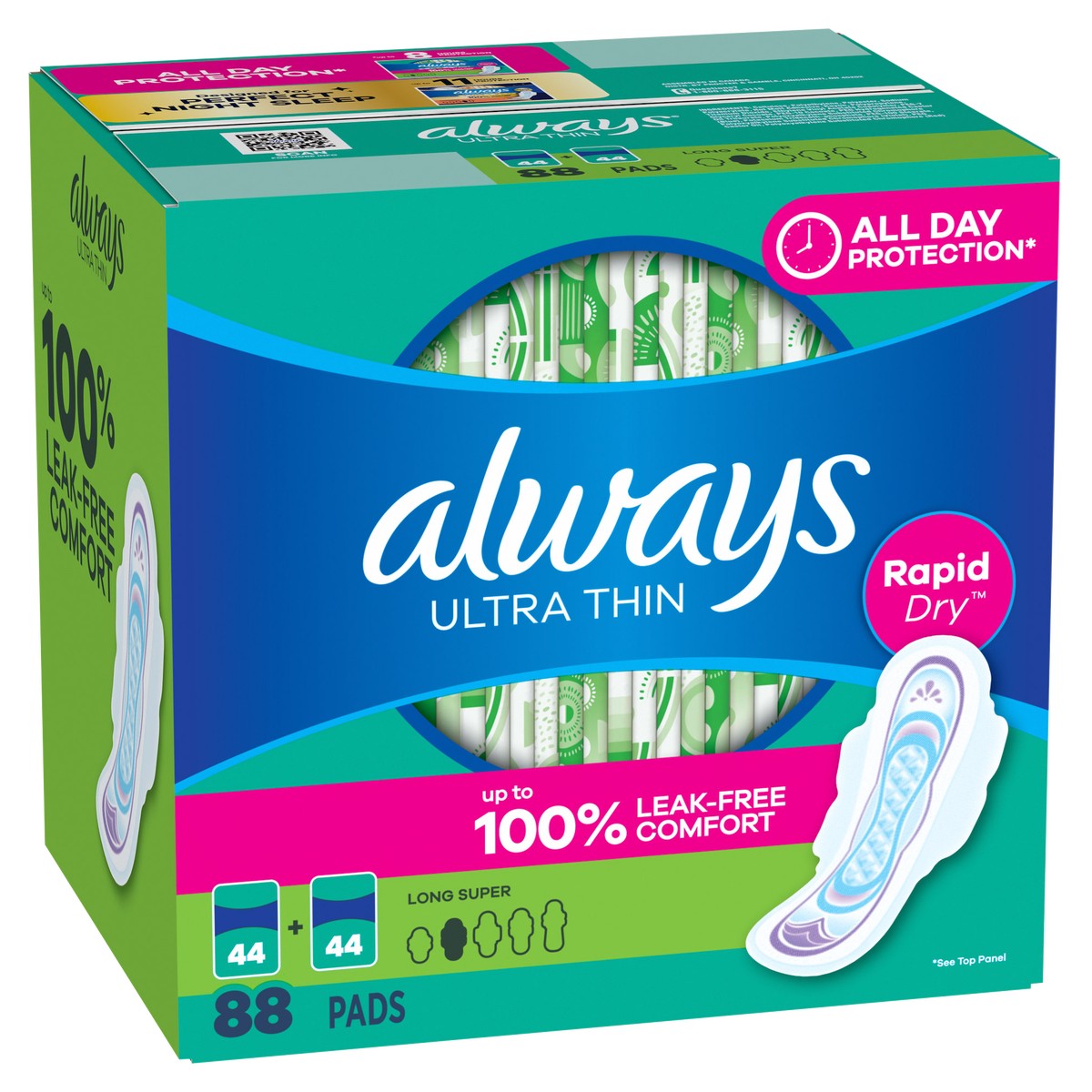 Always Ultra Thin Serviettes Hygiéniques avec Technologie RapidDry, Protection Longue Durée, Confort Anti-Fuite, Protection Toute la Journée – 88 Serviettes (2 x 44)