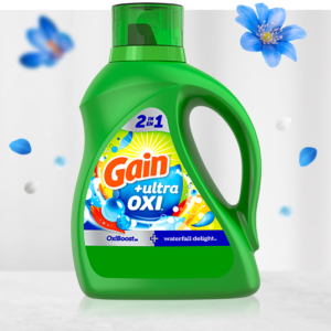Gain + Ultra OXI Liquid Laundry Detergent – Lessive Liquide 2-en-1 avec OxiBoost – Parfum Waterfall Delight – 2,72 L (64 Lavages)